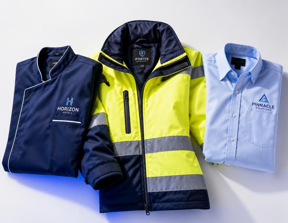 Branded hospitality uniform, hi-vis workwear jacket and corporate shirt