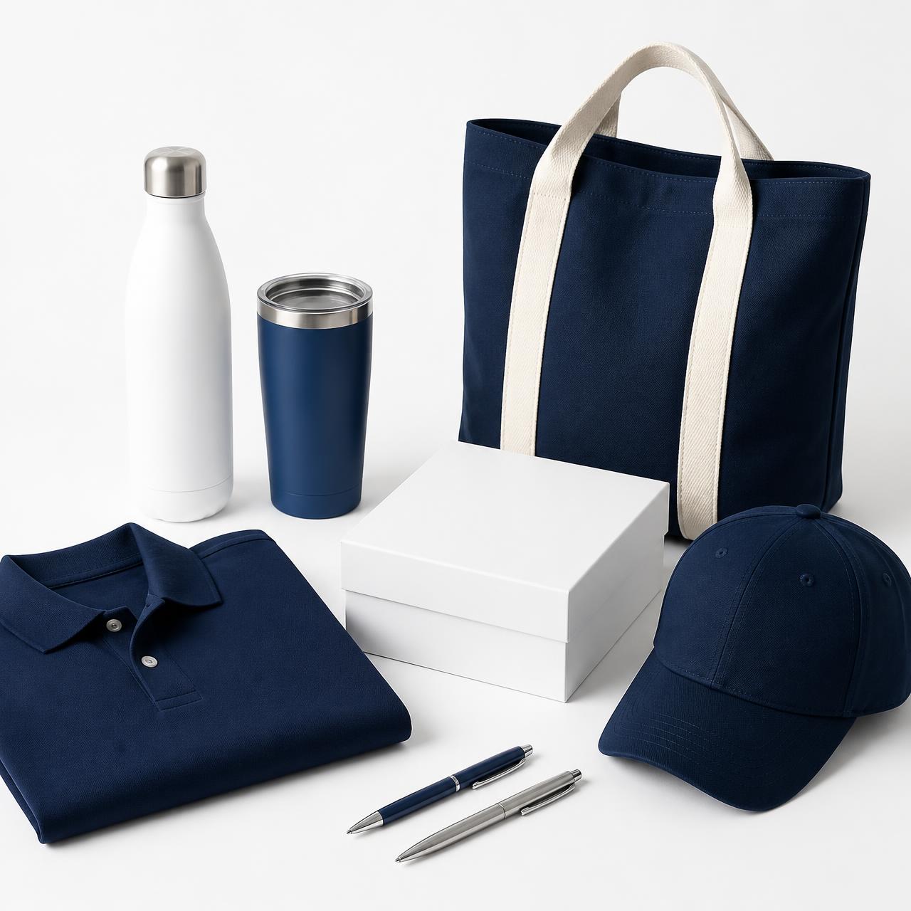Branded water bottle, tumbler, polo shirt, cap, pens, tote bag and presentation box